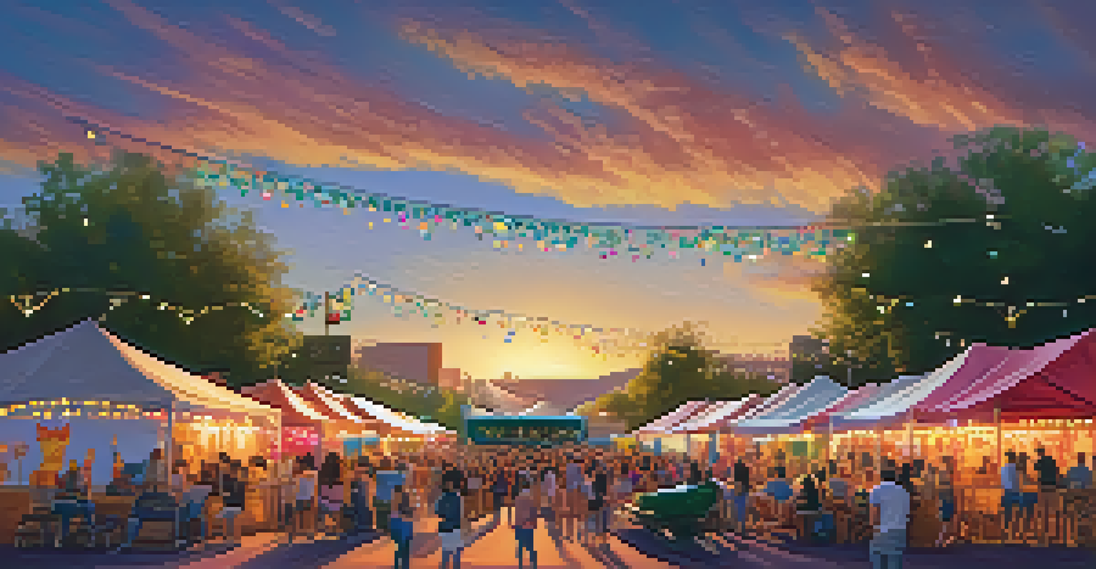 A summer festival scene with live music, art installations, and a crowd enjoying the festivities under a sunset sky.