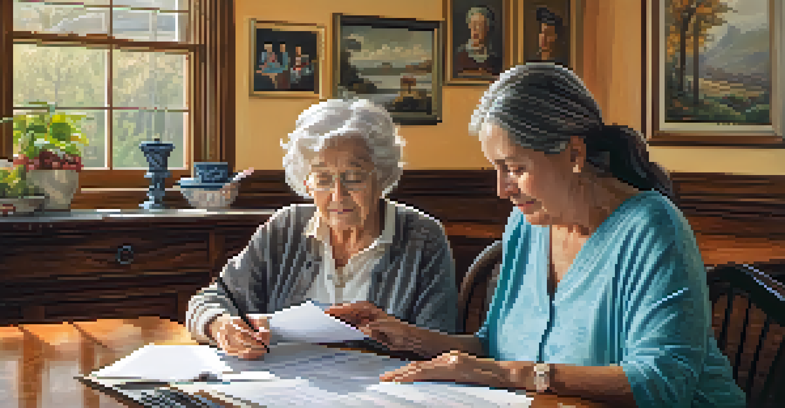 An elderly woman and a caregiver at a dining table, reviewing healthcare assistance documents in a warmly lit room.