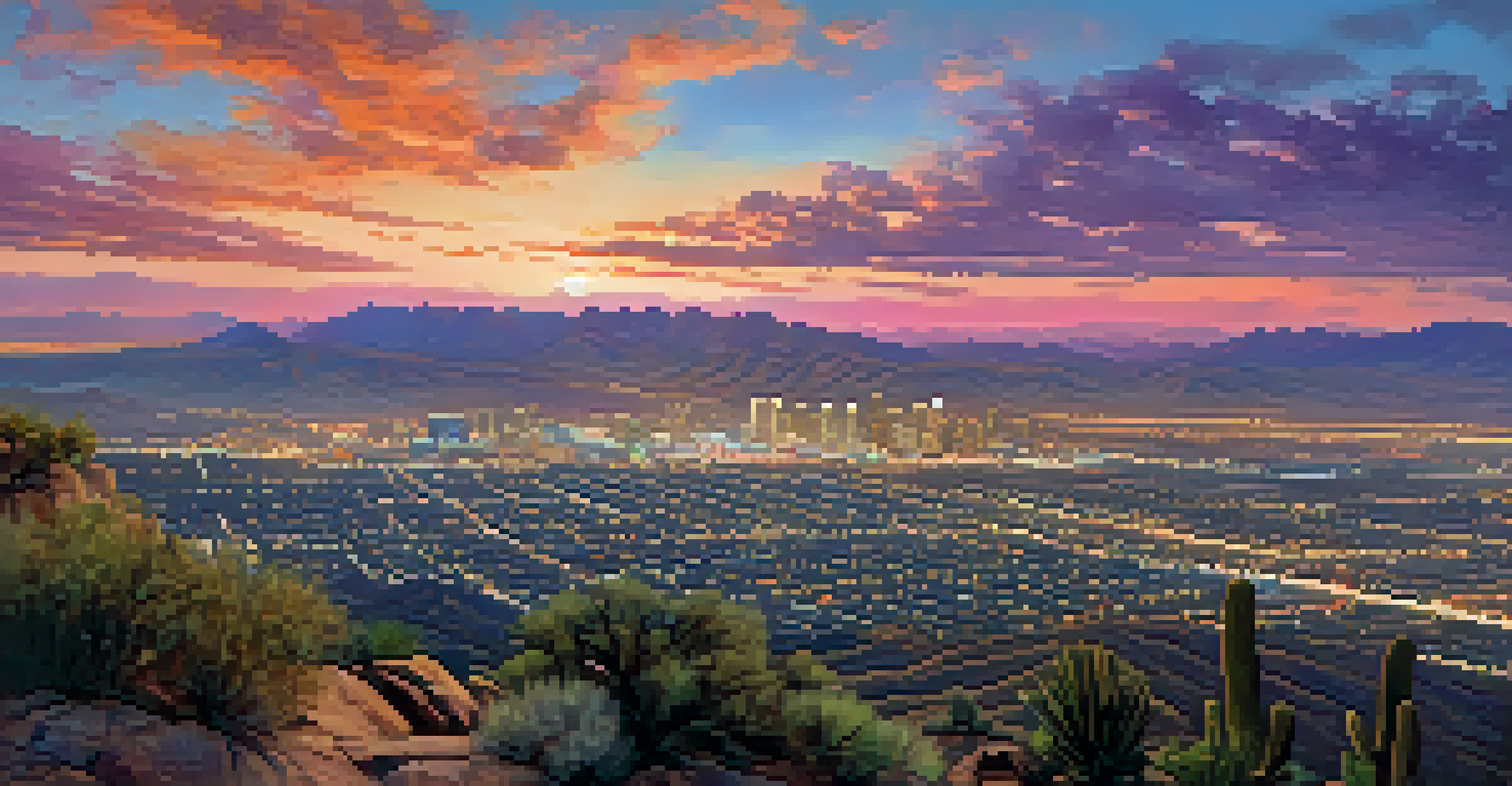 Panoramic view from Dobbins Lookout featuring the Phoenix skyline at sunset, with colorful sky and city lights starting to twinkle.