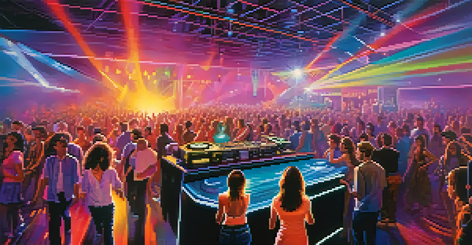 An interior view of a nightclub in Phoenix, showing a DJ, colorful lights, and people dancing energetically.