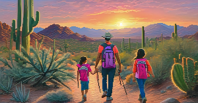 A family of four hiking together on a desert trail, surrounded by cacti and warm sunset colors.