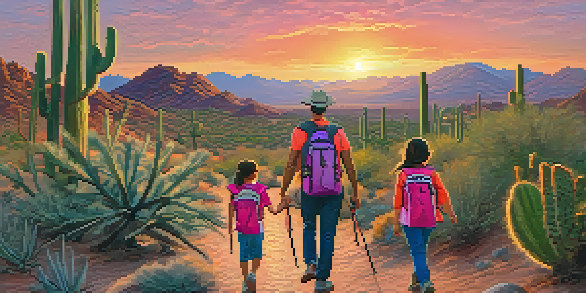 A family of four hiking together on a desert trail, surrounded by cacti and warm sunset colors.
