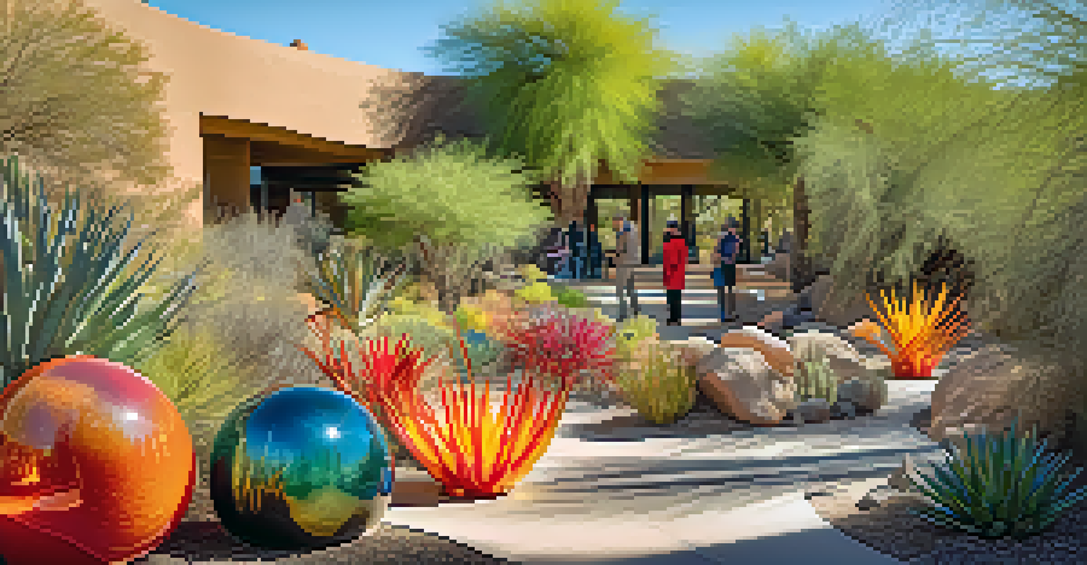 Colorful glass sculptures by Chihuly in the Desert Botanical Garden, surrounded by desert plants and visitors.