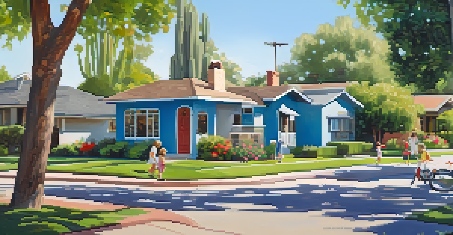 A picturesque neighborhood in Arcadia, Phoenix, featuring mid-century homes and a park with children playing.