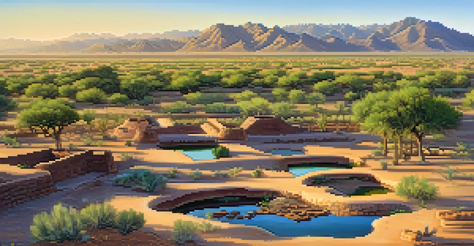 A landscape showing ancient Hohokam irrigation canals in a lush field surrounded by desert, with adobe structures in the background.