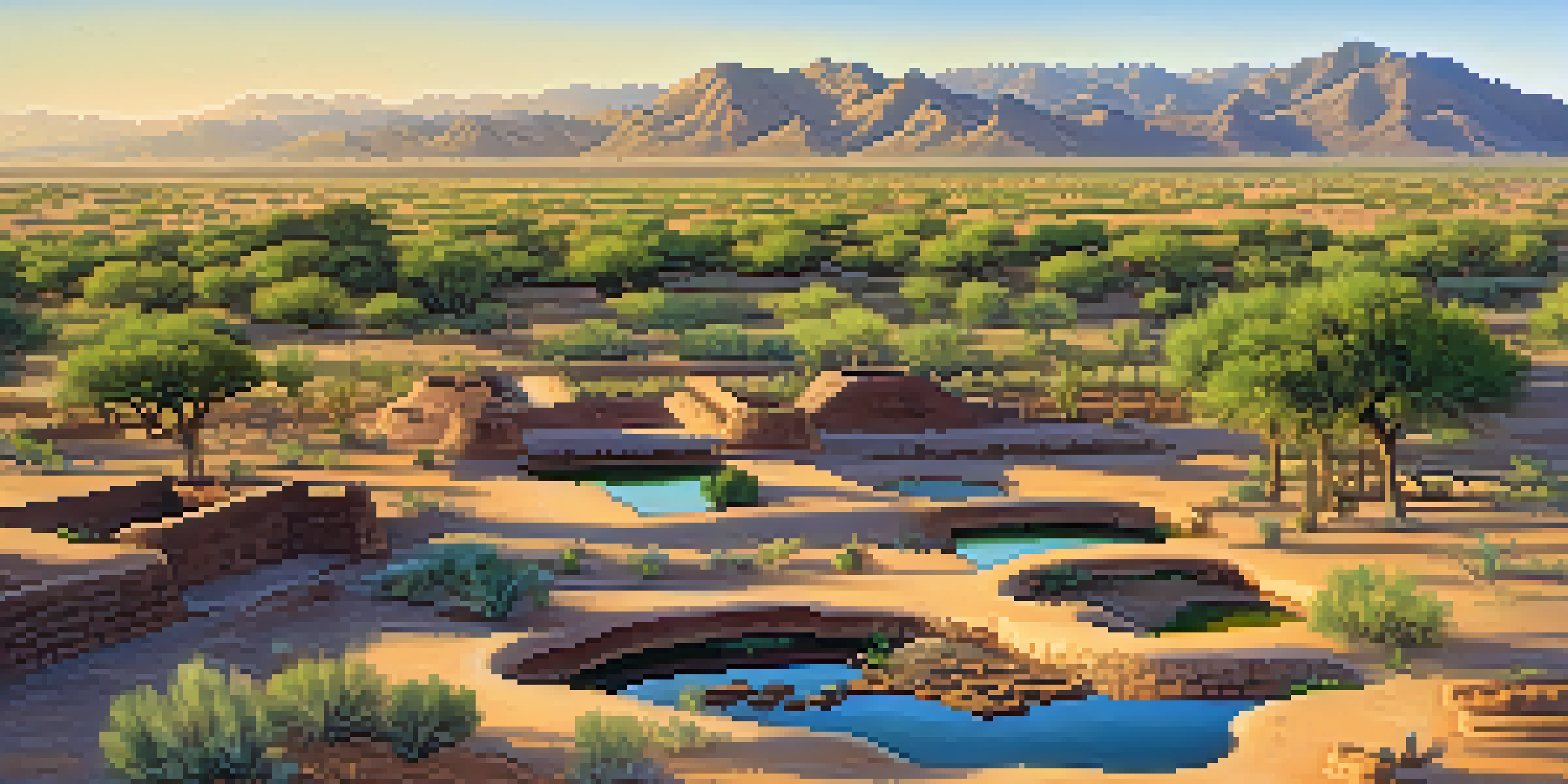 A landscape showing ancient Hohokam irrigation canals in a lush field surrounded by desert, with adobe structures in the background.