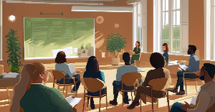 A group of diverse individuals practicing public speaking in a bright workshop setting, with plants and motivational posters around them.
