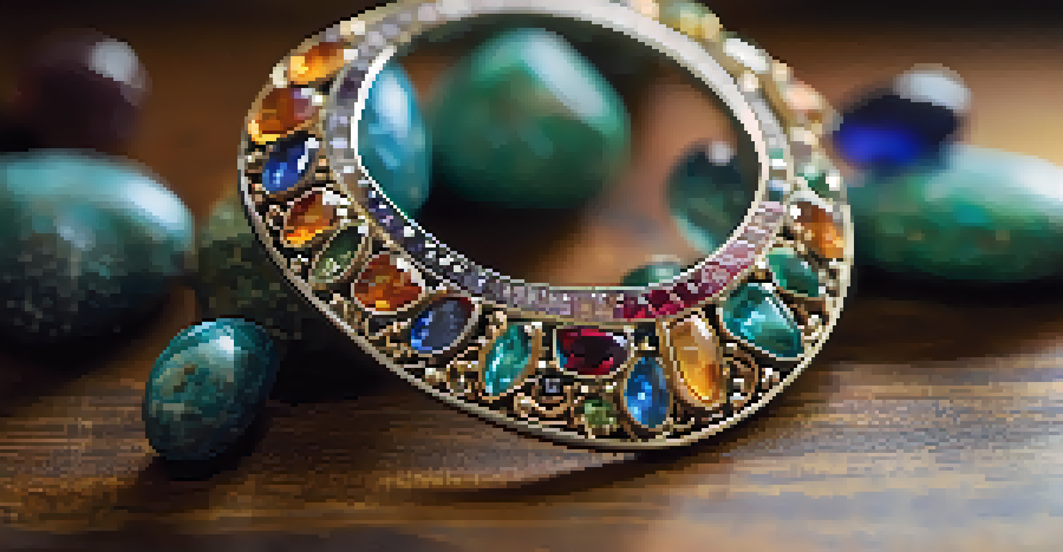 A close-up view of unique handcrafted jewelry with colorful gemstones displayed on a wooden table, showcasing fine details and textures.