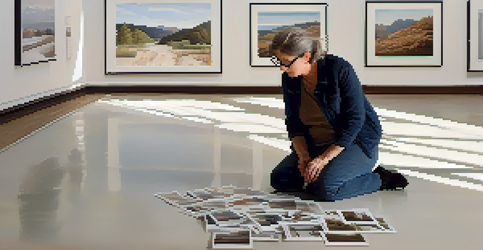 An artist curating photographs in a bright gallery, arranging images on a white wall with natural light streaming in from large windows.