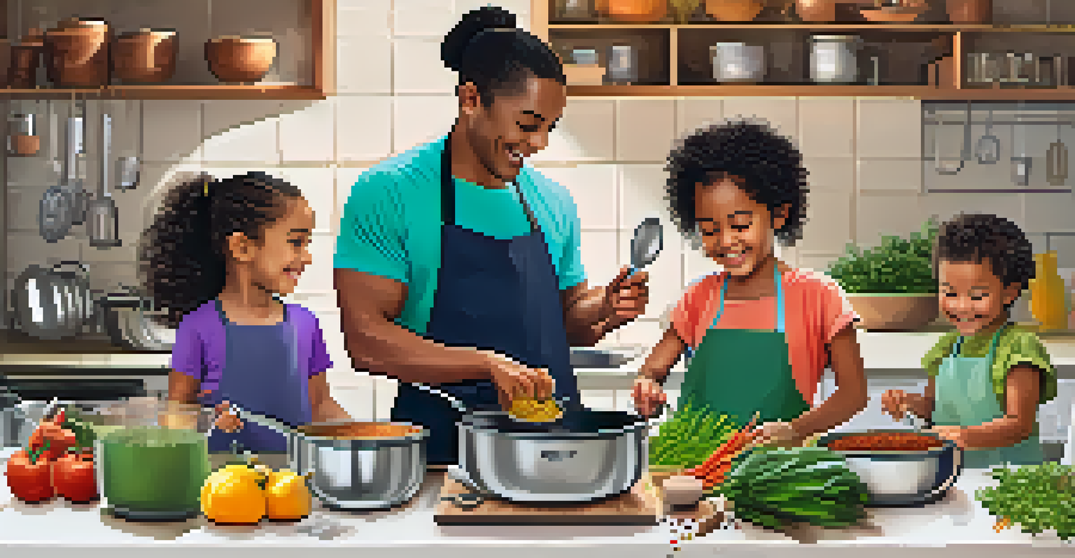 A family cooking together in a kitchen, with a child stirring ingredients and a parent guiding them, surrounded by fresh produce and cooking tools.