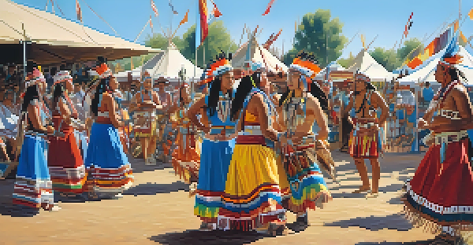A lively scene of a Native American Pow Wow with dancers in colorful attire and a crowd enjoying the festivities under a clear blue sky.