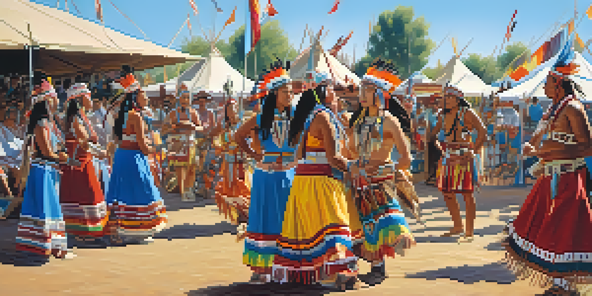 A lively scene of a Native American Pow Wow with dancers in colorful attire and a crowd enjoying the festivities under a clear blue sky.
