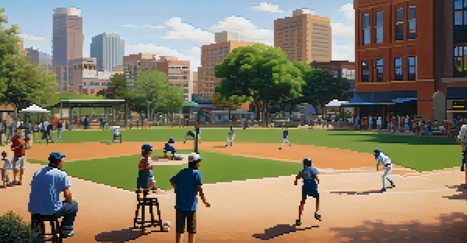 An urban baseball game taking place in a park surrounded by city buildings, with families enjoying the vibrant atmosphere.