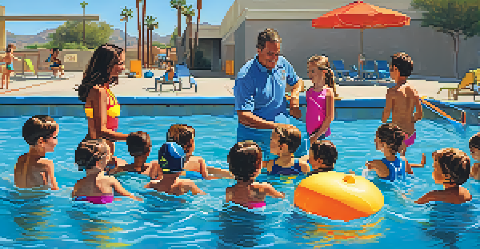 A parent watching children during swim lessons at a public pool, with an instructor guiding them.