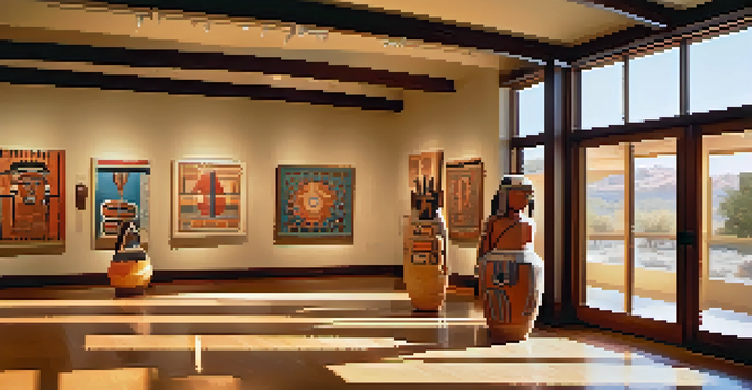 A bright museum gallery filled with Native American art, including Katsina dolls and pottery, with colorful murals and natural light.