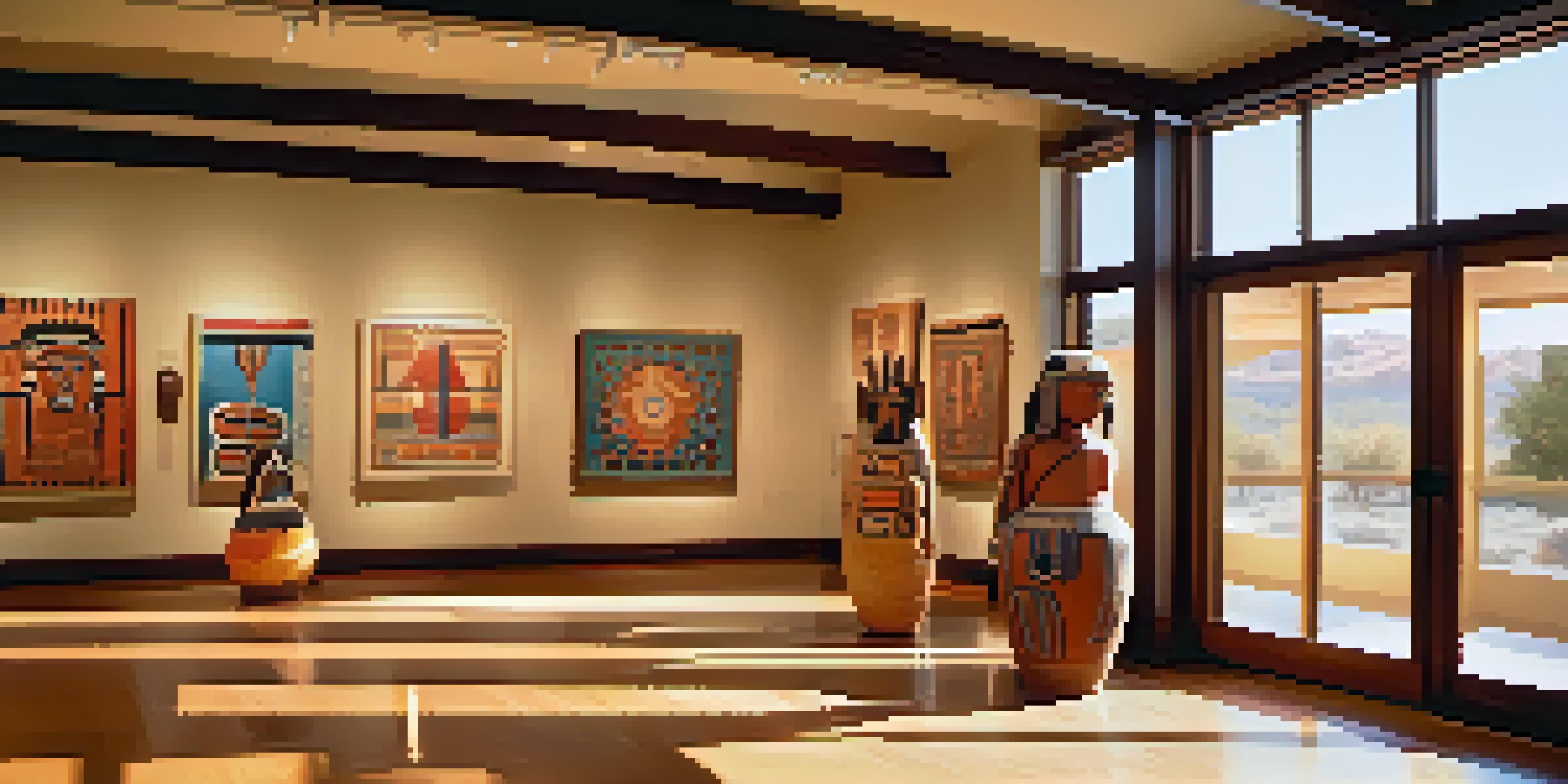 A bright museum gallery filled with Native American art, including Katsina dolls and pottery, with colorful murals and natural light.