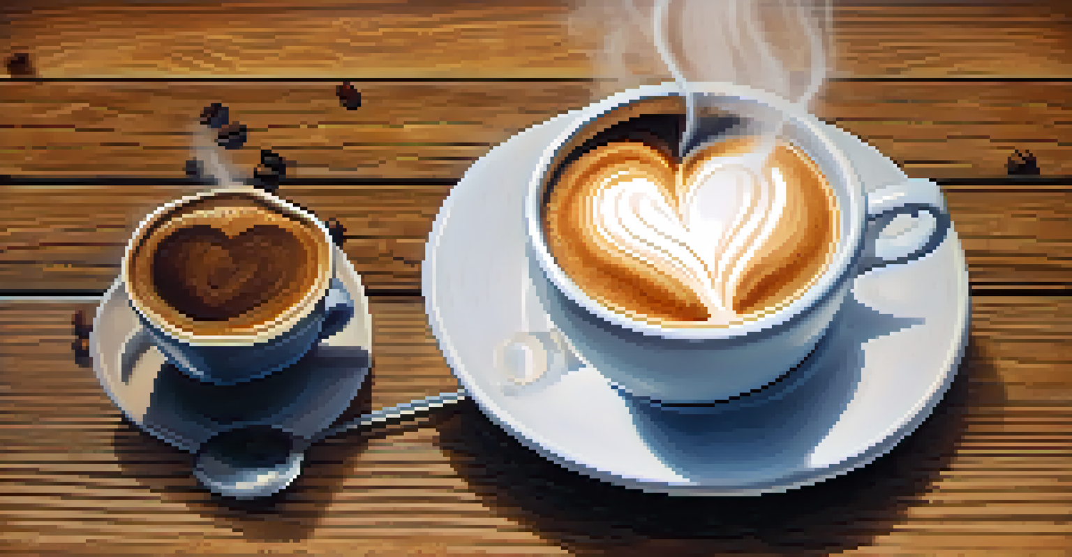 Close-up of a steaming cup of coffee with latte art, coffee beans, and a notebook on a wooden table.