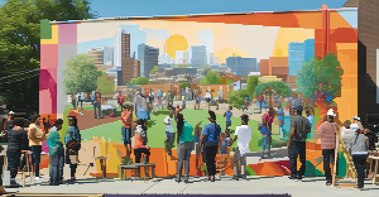 Local artists collaborating on a community mural with residents participating, showcasing vibrant colors and urban elements.