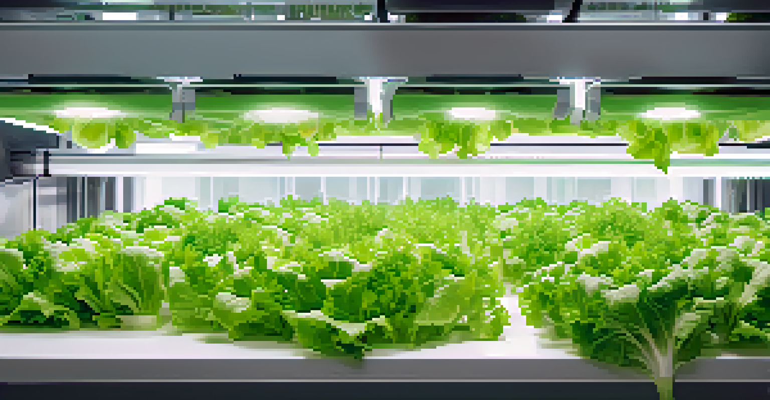 Close-up of a hydroponic system with fresh lettuce and herbs in a vertical farming setup under soft lighting.