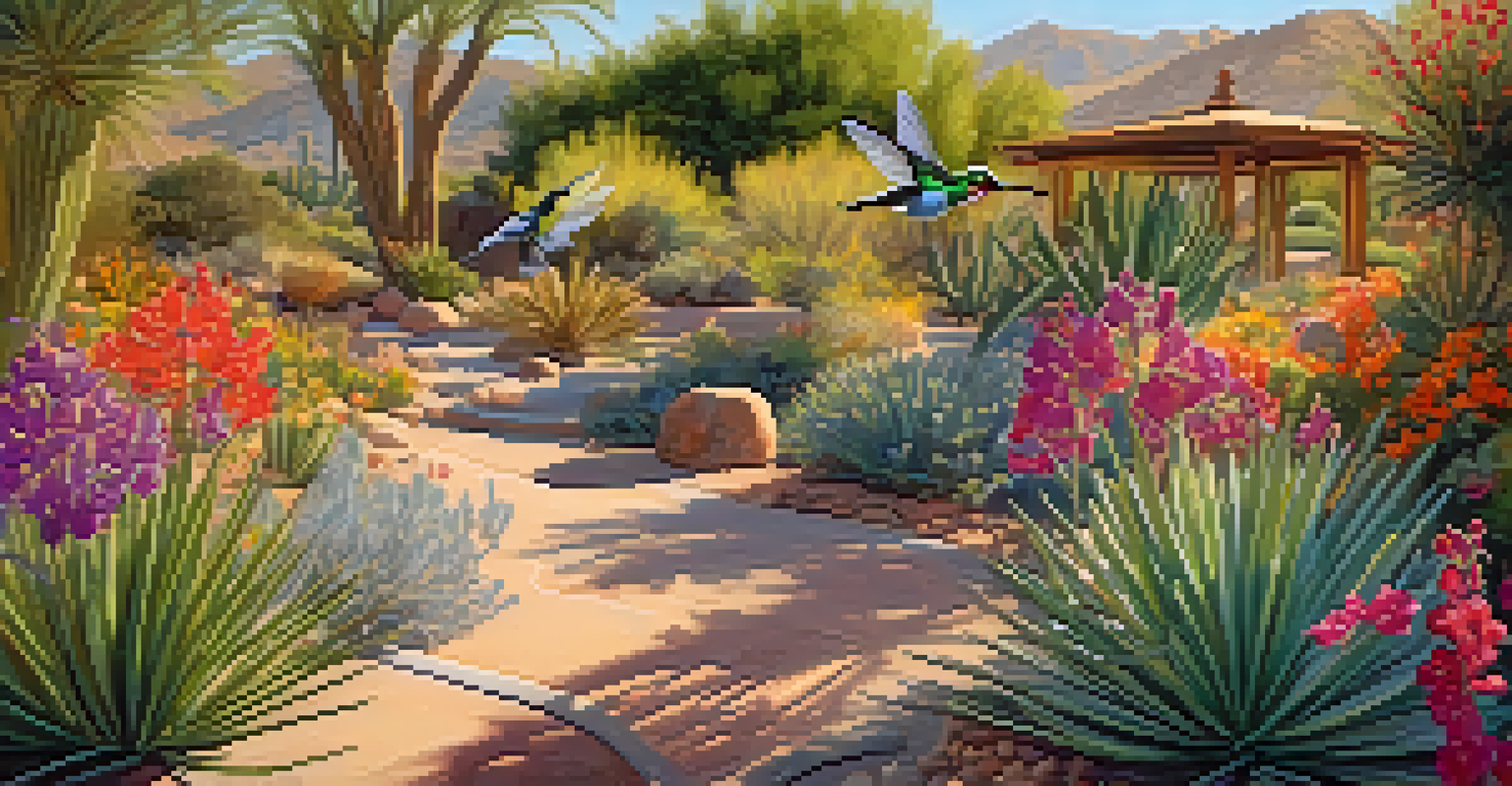 A lively scene at the Desert Botanical Garden with hummingbirds and butterflies among blooming plants, under dappled sunlight.