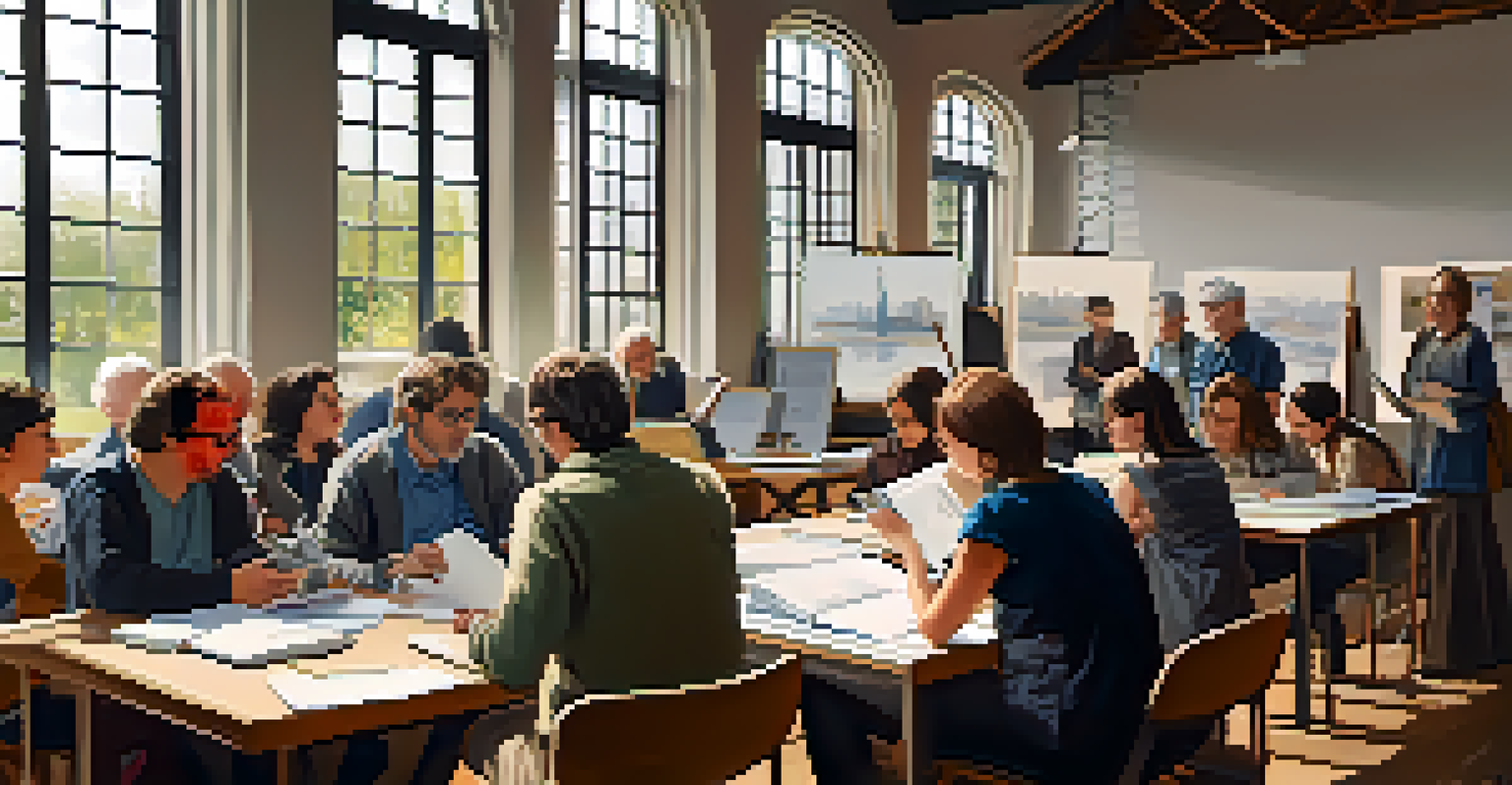 A workshop with a seasoned author teaching aspiring writers, filled with notebooks and coffee, in a bright room with natural light creating an inspiring atmosphere.