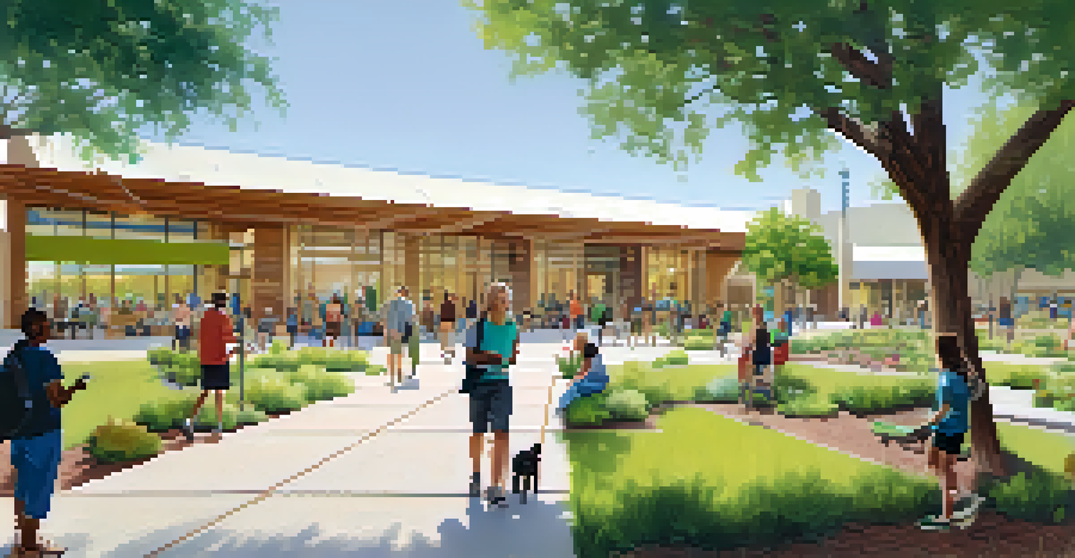 Exterior view of the Phoenix Public Library showcasing sustainable architecture and a community garden with people engaging outdoors.