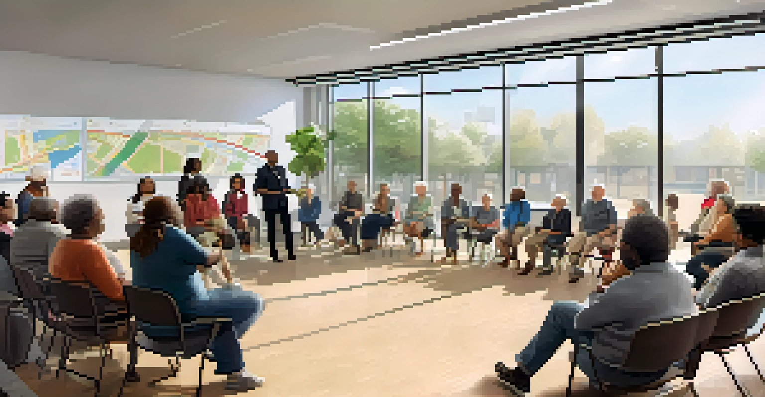 A community meeting with diverse residents discussing public transit accessibility, with maps and plans on display and natural light coming through large windows.