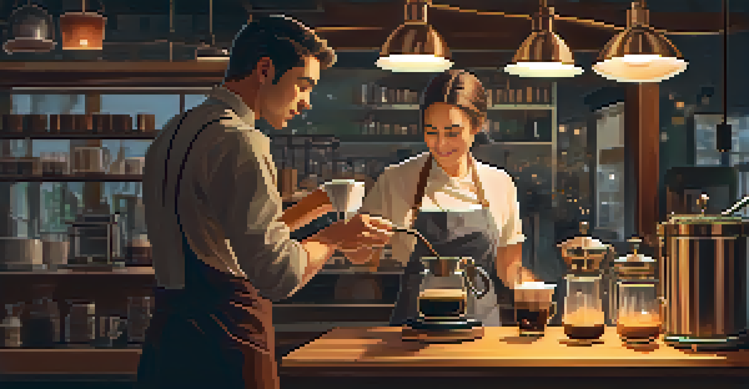 A barista preparing pour-over coffee in a cozy coffee shop, with warm lighting and coffee brewing equipment in the background.