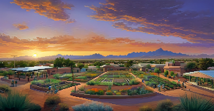 A sunset view over Phoenix, Arizona, featuring an arid landscape and a community garden where residents are engaged in water conservation activities.
