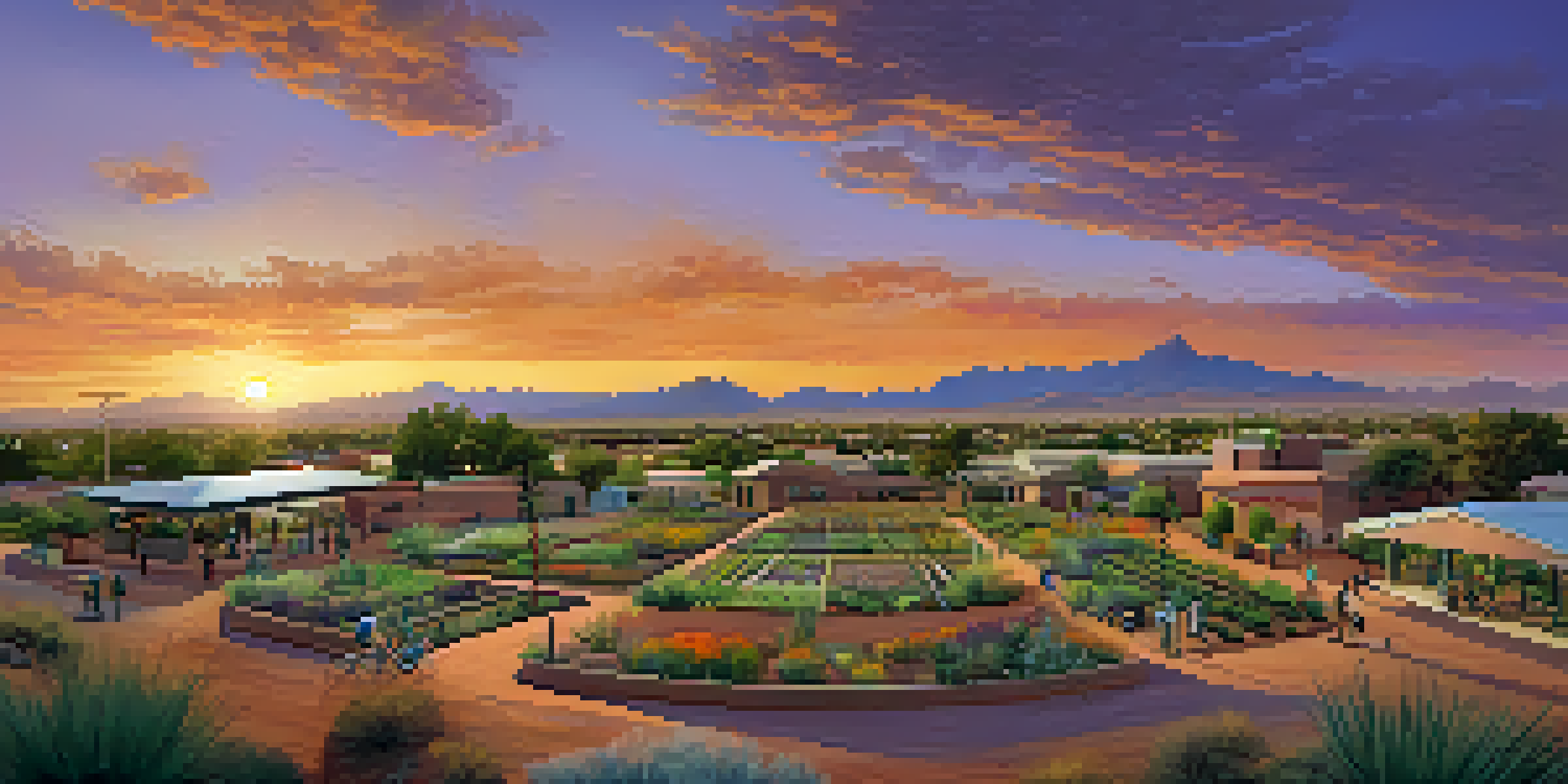 A sunset view over Phoenix, Arizona, featuring an arid landscape and a community garden where residents are engaged in water conservation activities.