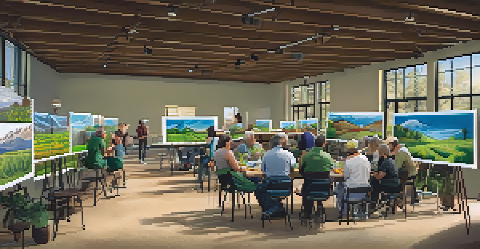 Residents participating in a community workshop on green technology, surrounded by eco-friendly materials and engaged experts.