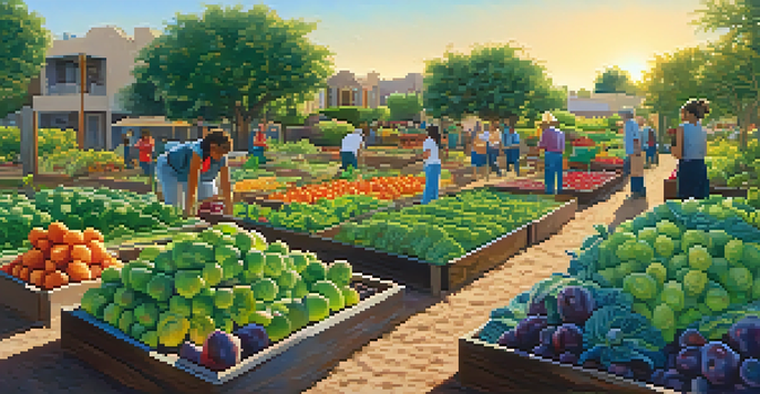 A lively community garden in Phoenix with residents planting and harvesting colorful fruits and vegetables under a sunny sky.
