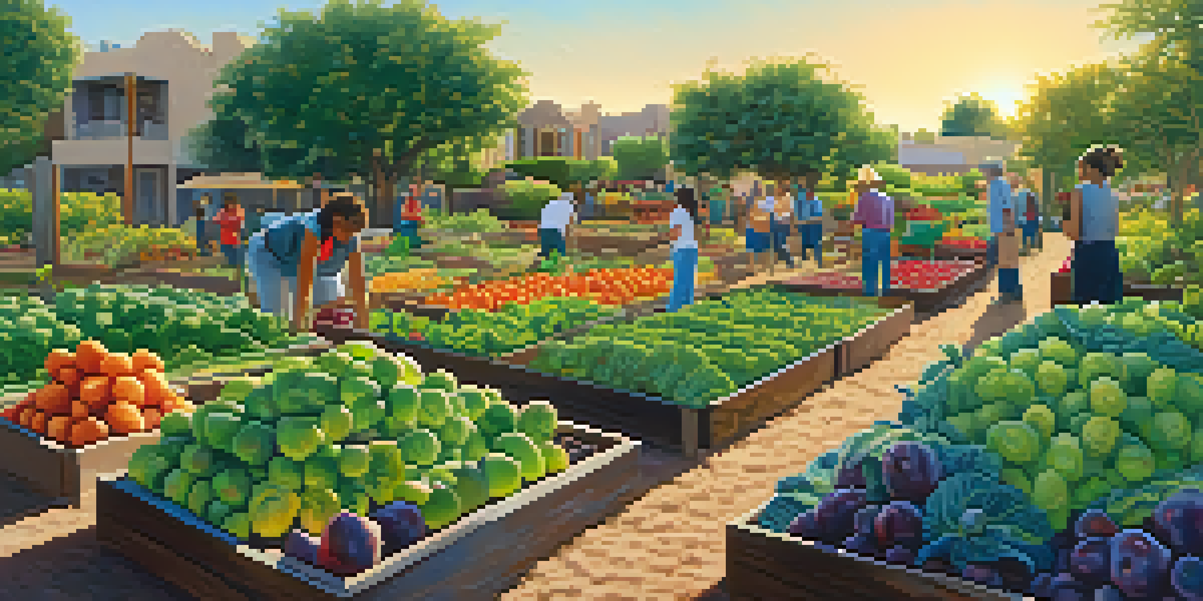 A lively community garden in Phoenix with residents planting and harvesting colorful fruits and vegetables under a sunny sky.