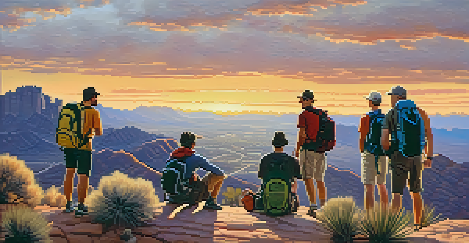 A group of smiling hikers at a scenic overlook in Phoenix during sunset, with a beautiful desert landscape in the background.