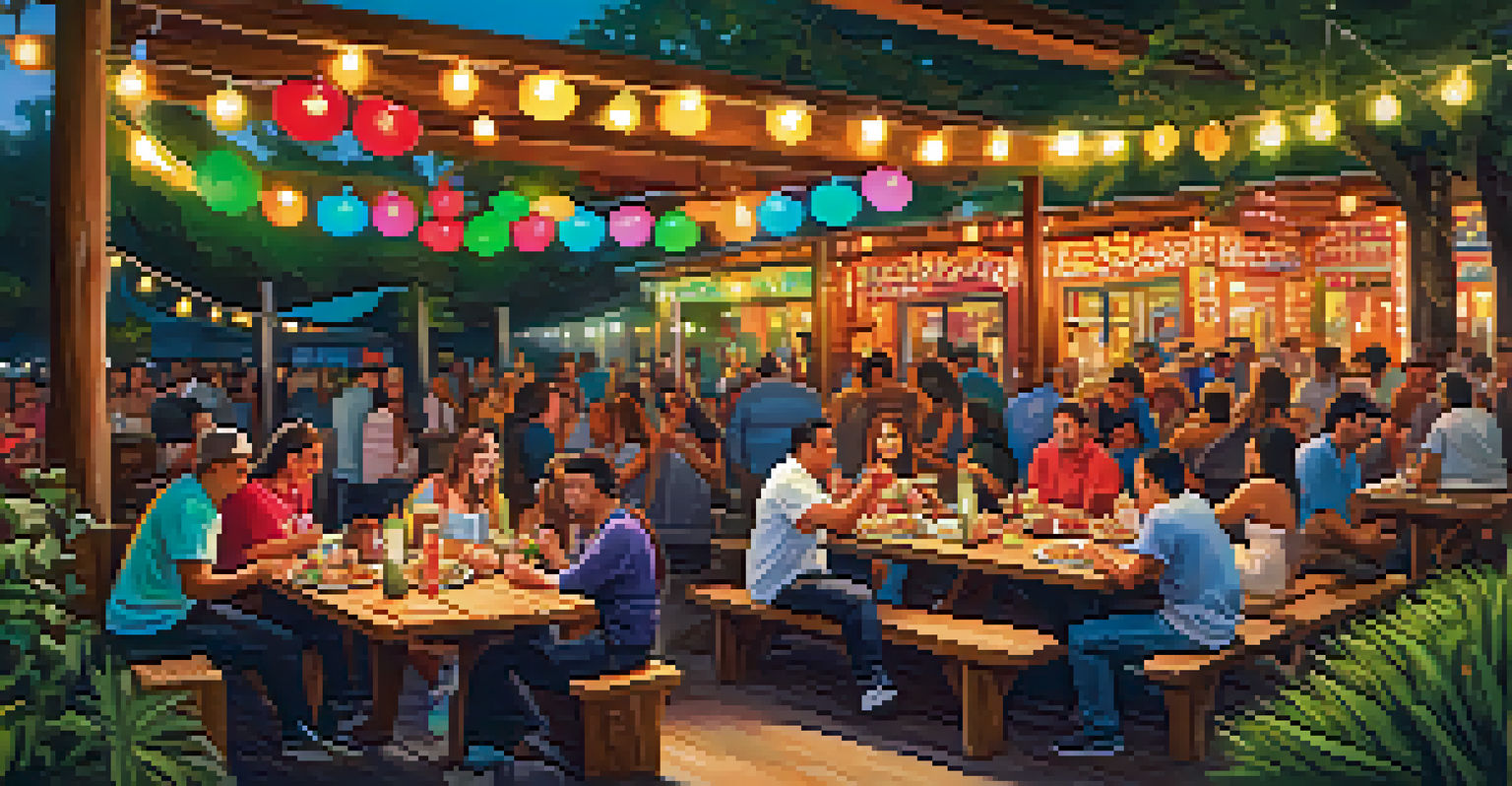 An outdoor dining area filled with colorful decorations and patrons enjoying street tacos, surrounded by greenery and lights, depicting a lively Mexican restaurant atmosphere.