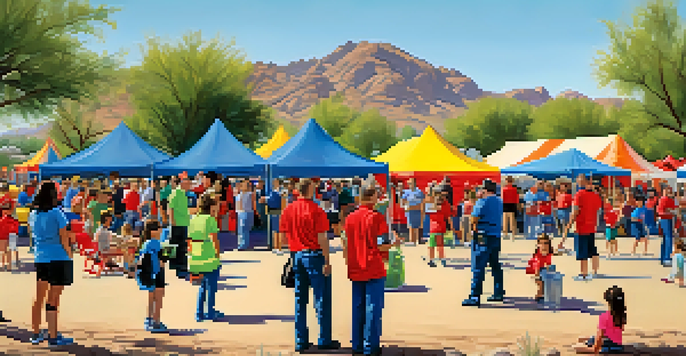 A lively community event focused on fire safety, with families and firefighters interacting under a clear blue sky in Phoenix.