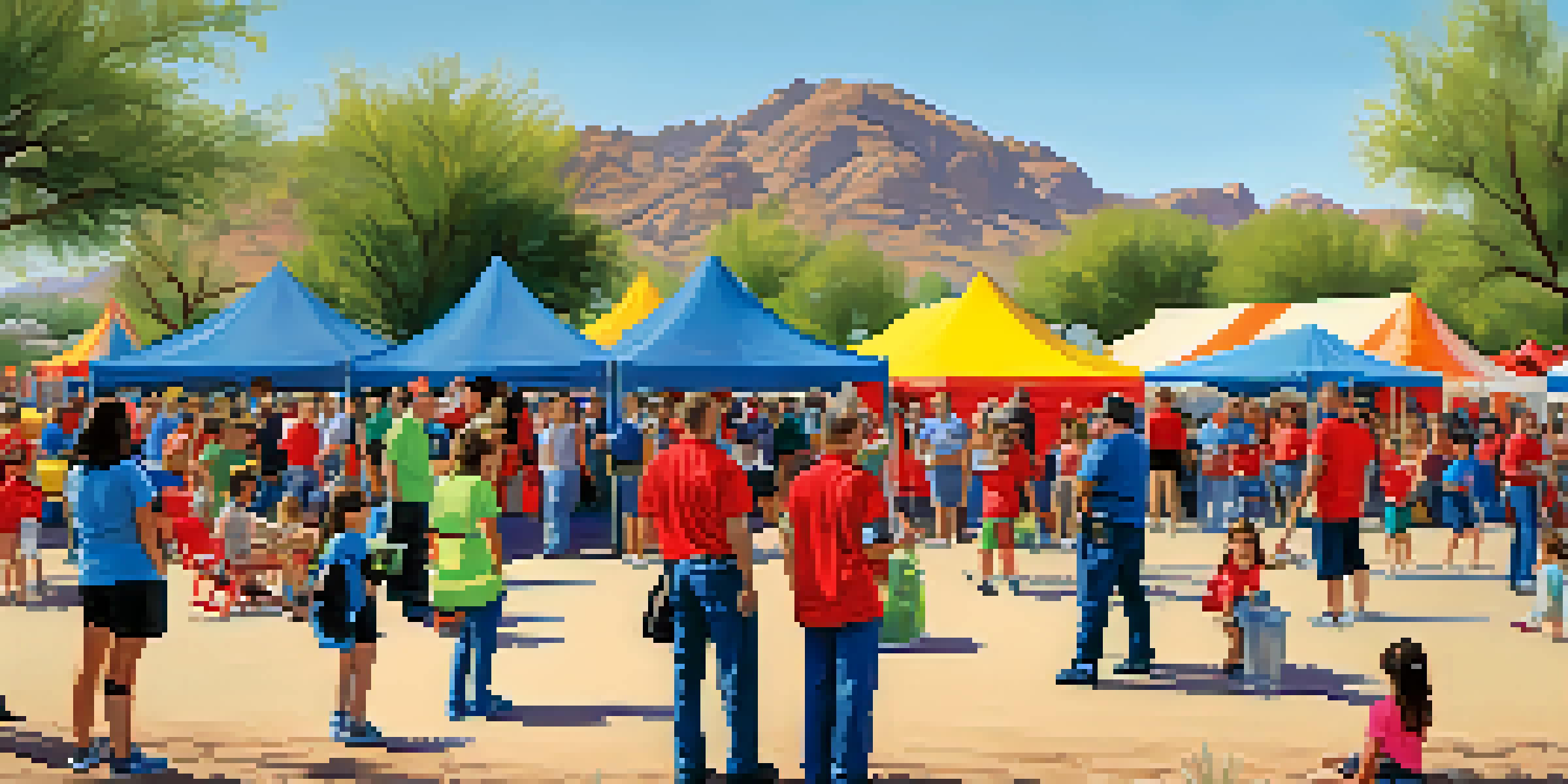 A lively community event focused on fire safety, with families and firefighters interacting under a clear blue sky in Phoenix.