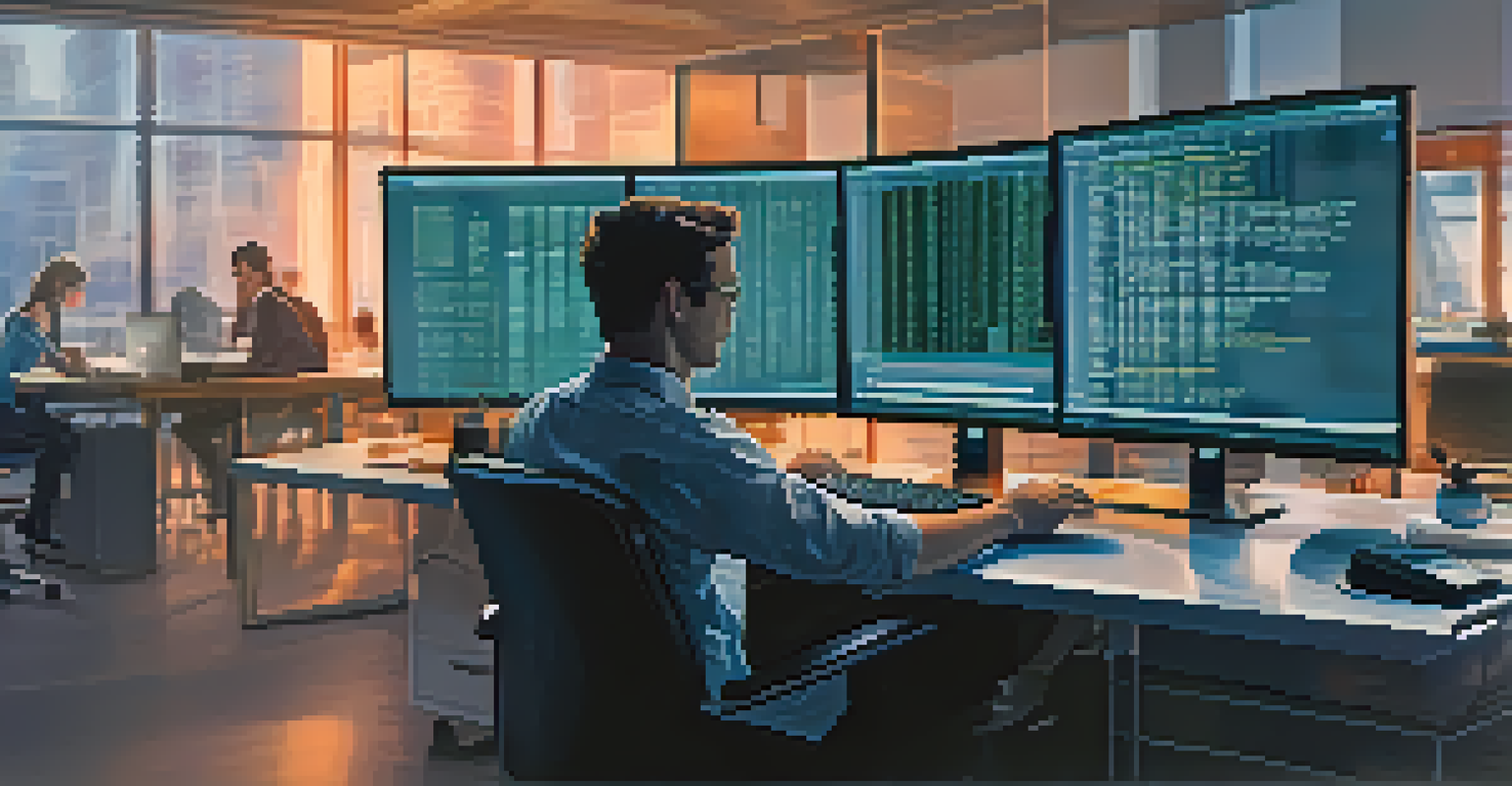 A close-up of a computer screen with code and a hand typing in a modern workspace.