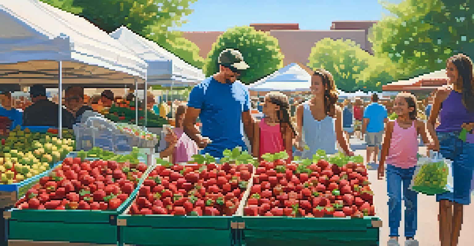 A family enjoying their time at a farmers' market, selecting fresh strawberries, surrounded by colorful market goods and greenery.