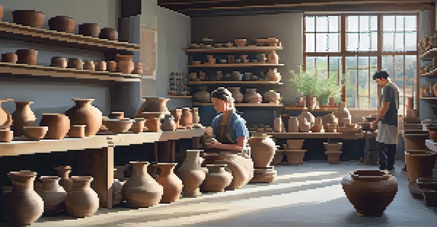 A pottery studio with diverse individuals working on clay, using pottery wheels and surrounded by finished ceramic pieces, with bright natural light illuminating the space.