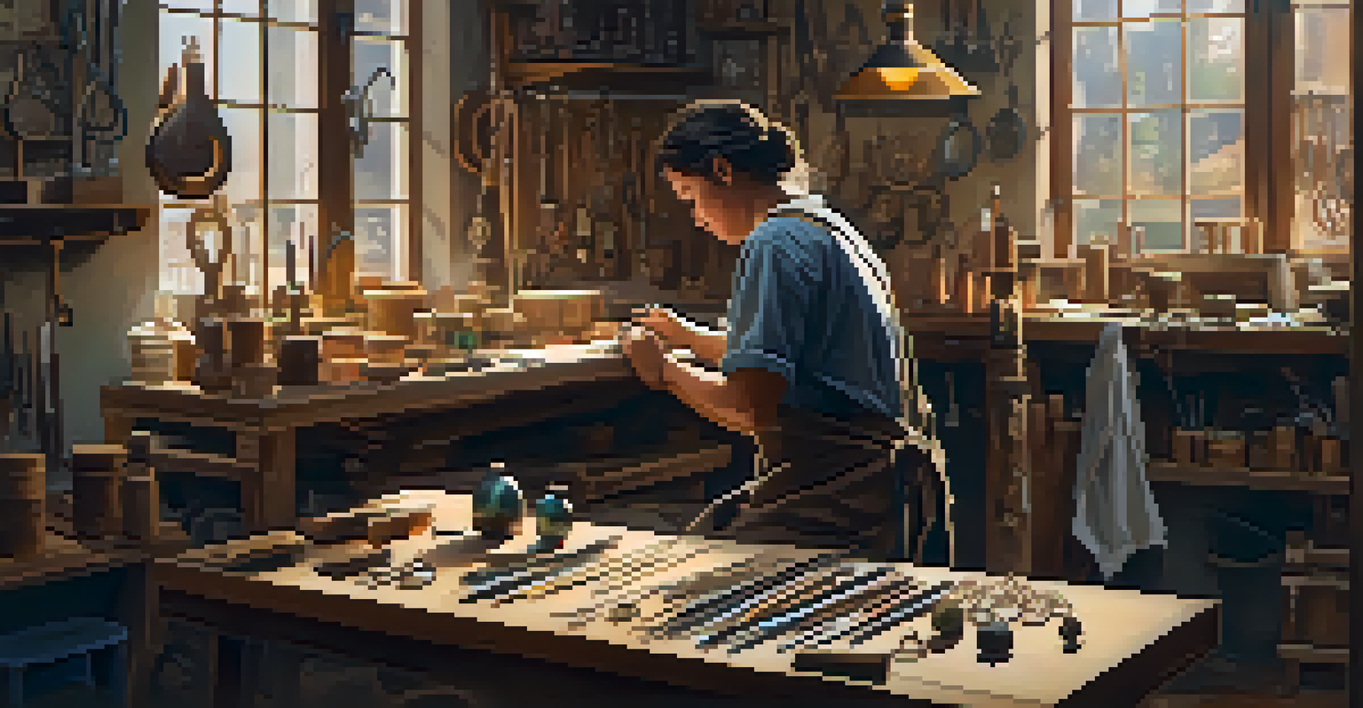 An artisan working in a jewelry workshop, surrounded by tools and materials, with warm light filtering through a window.