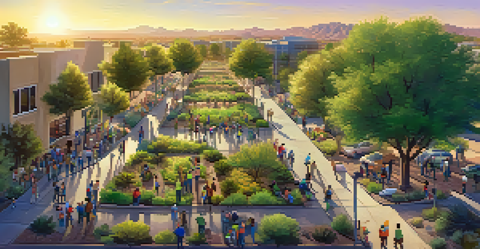 Aerial view of a community tree-planting event in Phoenix with volunteers planting trees in a neighborhood.