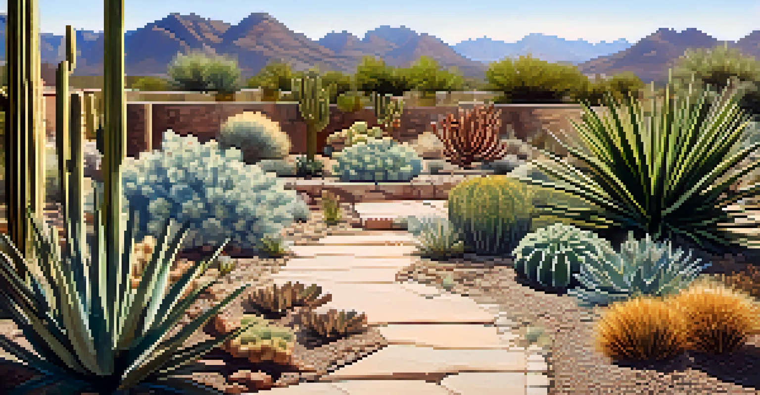A close-up of a drought-resistant garden in Phoenix, showcasing xeriscaping and dry soil.