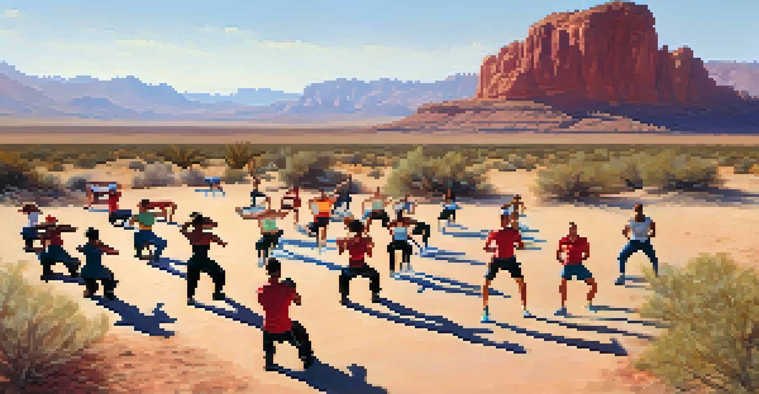 A diverse group of people participating in a boot camp workout in a desert setting with rock formations in the background.