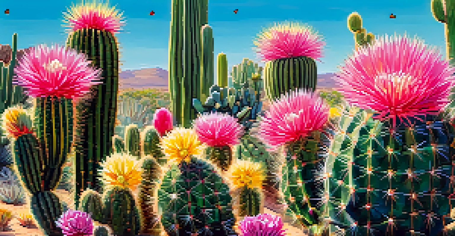 A close-up of cacti flowers in spring, showcasing vibrant colors and textures under a sunny sky.