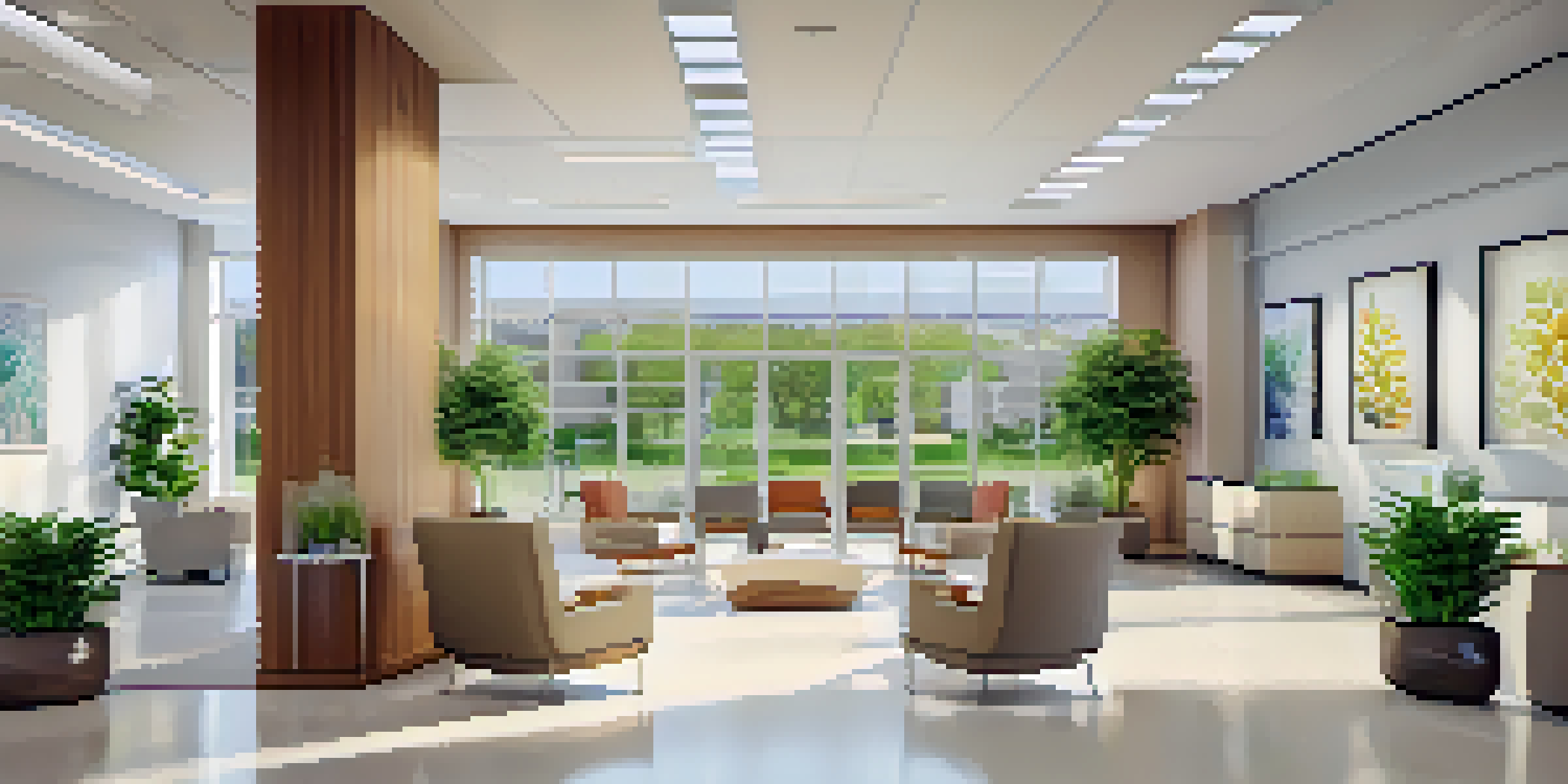 A modern healthcare clinic reception area with natural light, comfortable seating, and a welcoming reception desk.