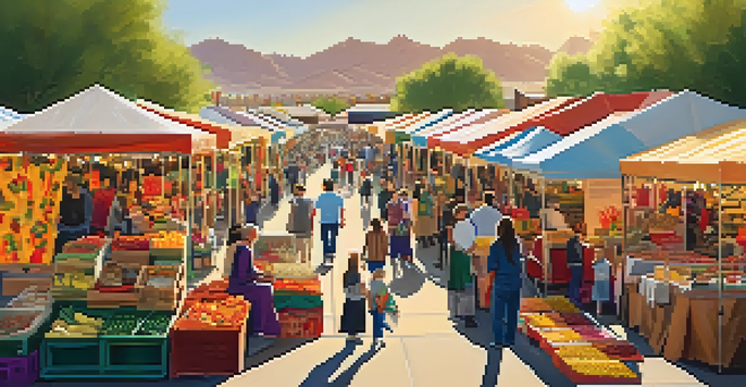 A lively seasonal market in Phoenix, filled with colorful stalls and a diverse crowd enjoying handmade crafts and food.
