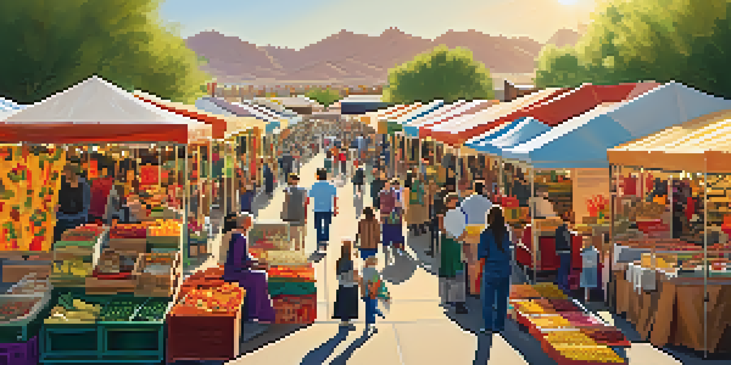A lively seasonal market in Phoenix, filled with colorful stalls and a diverse crowd enjoying handmade crafts and food.