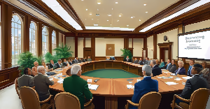 A city council meeting with the Mayor and council members discussing in a bright room, surrounded by an attentive audience.