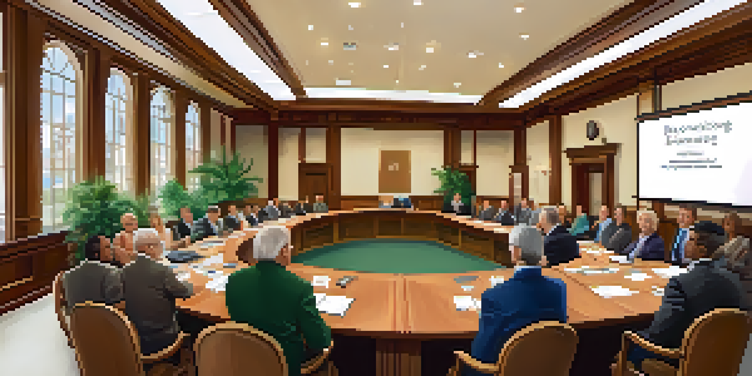A city council meeting with the Mayor and council members discussing in a bright room, surrounded by an attentive audience.